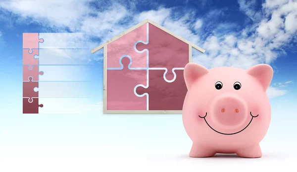 Spaar concept, Piggy Bank met huis vorm en puzzel symbolen, — Stockfoto