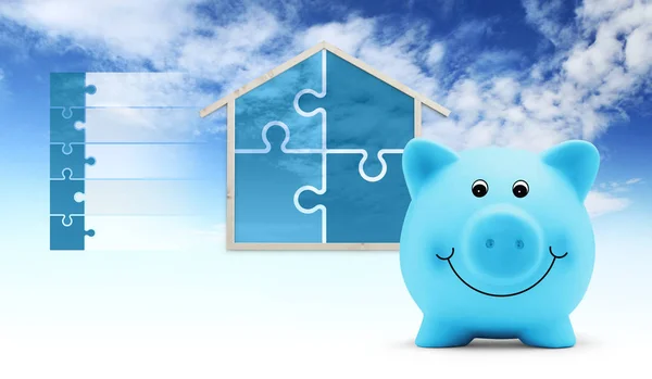 Koncepcja oszczędności, Piggy Bank z kształtu domu i symboli puzzle, — Zdjęcie stockowe