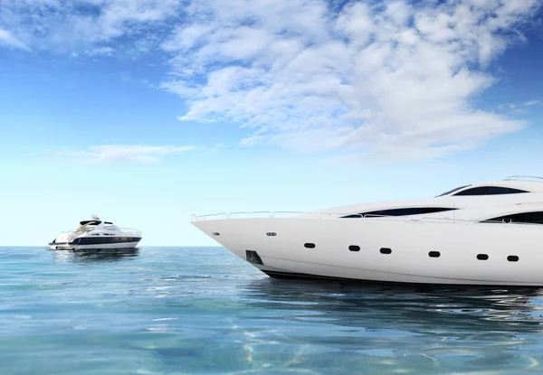 a luxury private motor yachts on tropical sea surface with blue