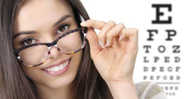 eye examination, woman smiling with spectacles isolated in optic clipart