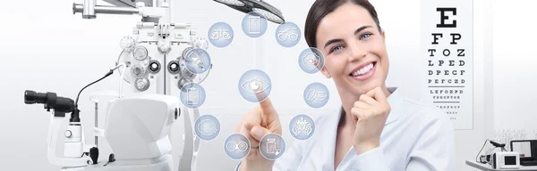 Concept of eye examination, smiling woman touch screen with icon — Stock Photo, Image