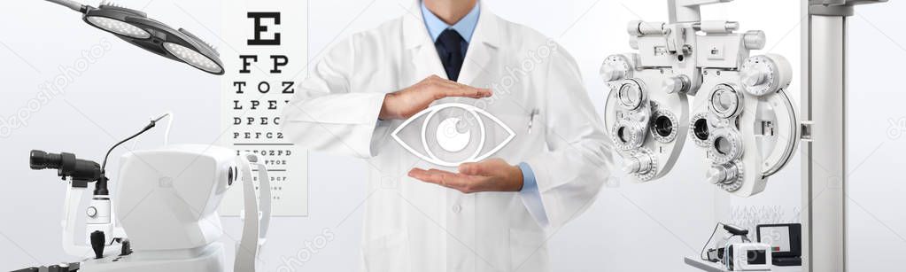 concept of eye examination, optician hands protecting an eye ico