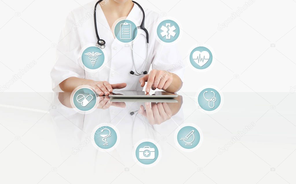 doctor at desk office with digital tablet, internet healthcare a