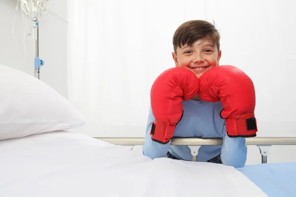 Happy Child Hospital Room Boxing Gloves Smiling His Healing White — Stock Photo, Image