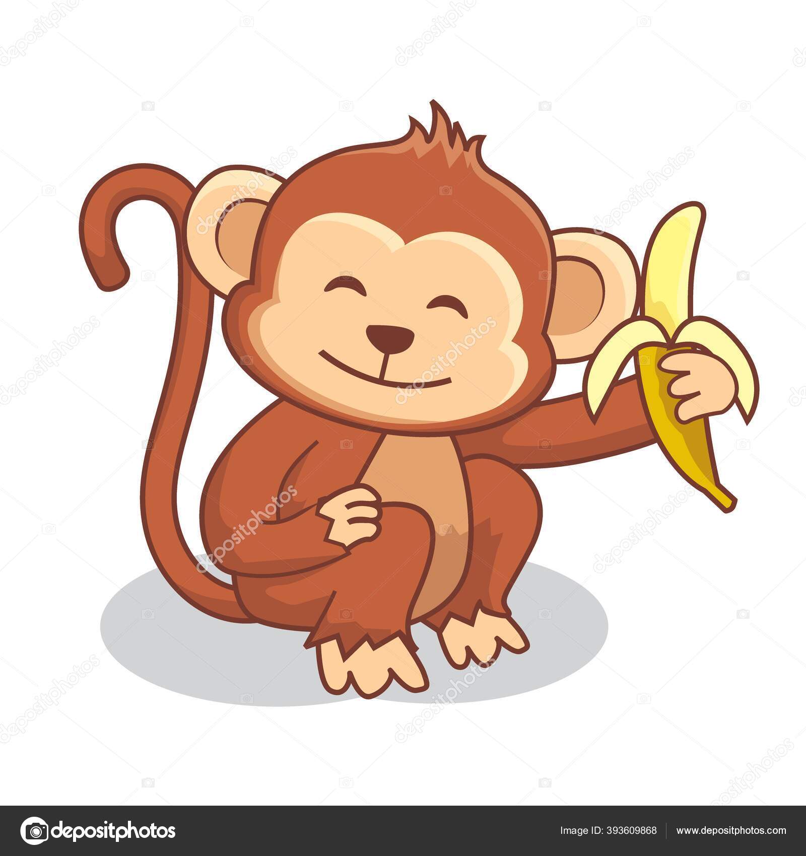 Macaco bonito dos desenhos animados comendo banana