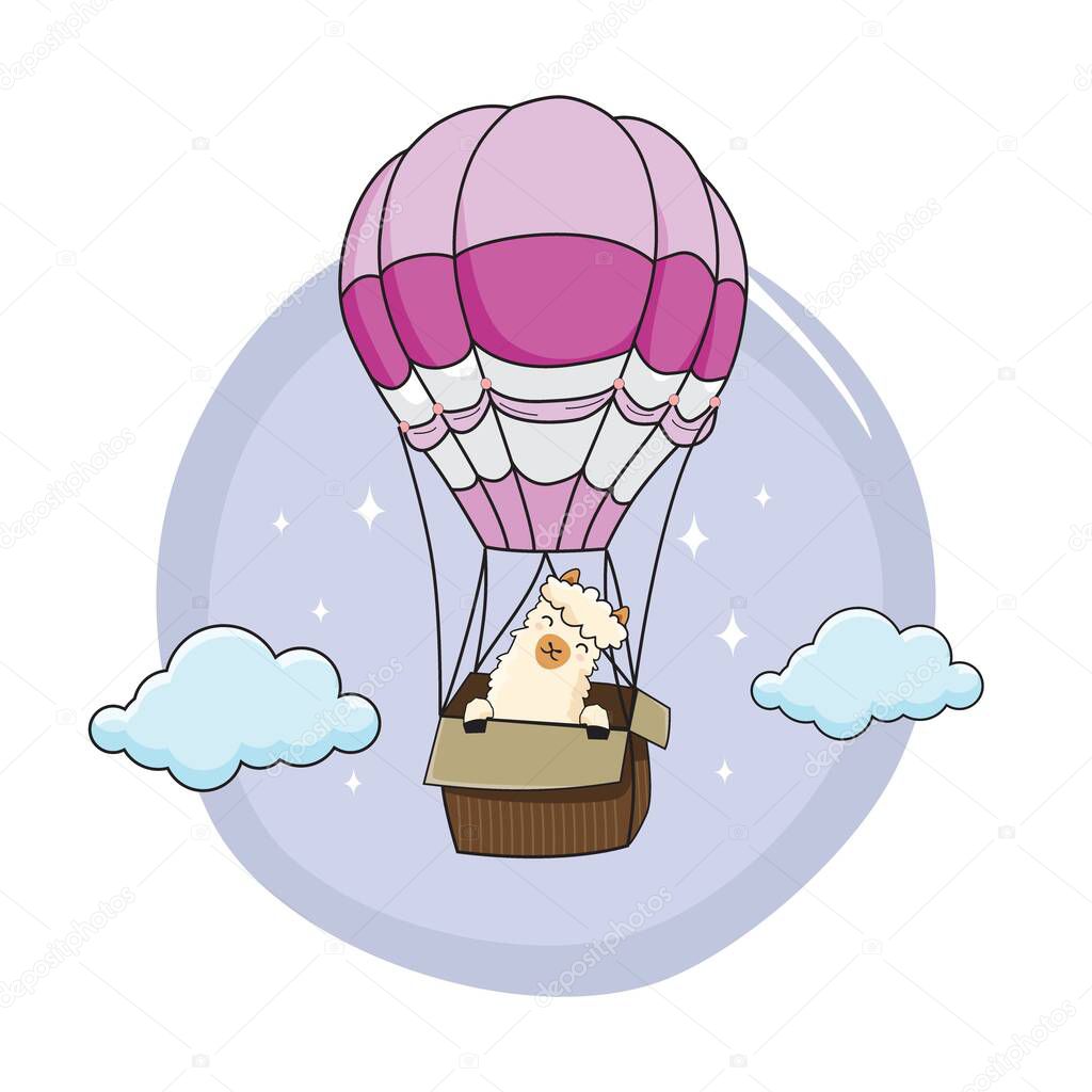 Alpaca Cartoon Cute Llama Fly with Air Balloon