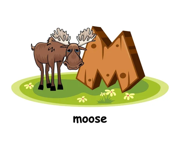 Moose Κινούμενα Σχέδια Ξύλο Αλφάβητο Ζώα Γράμμα — Διανυσματικό Αρχείο