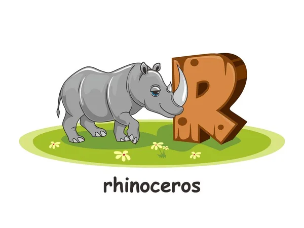 Rhino Cartoon Hout Alfabet Dieren Brief — Stockvector