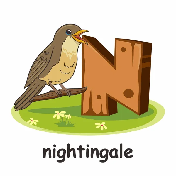 Για Nightingale Πουλί Γελοιογραφία Αλφάβητο Ξύλο Ζώα — Διανυσματικό Αρχείο