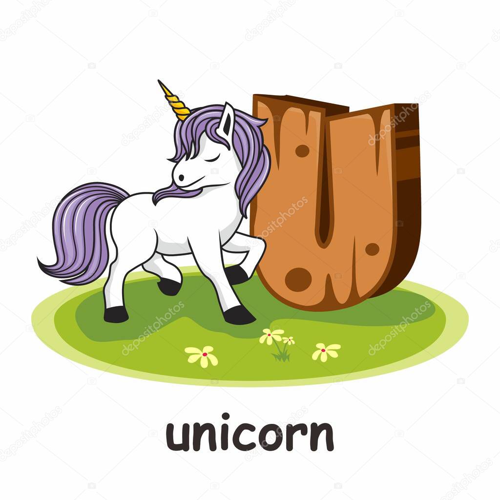 U for Unicorn Cartoon 3D Alphabet Wood Animals