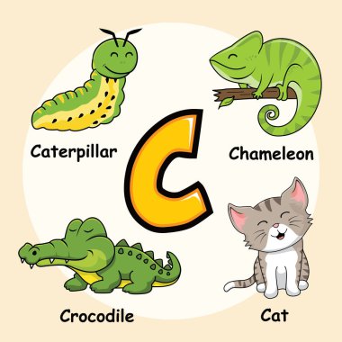 Kedi Timsahı Tırtıl Bukalemunu için Sevimli Hayvanlar Alfabesi C harfi.