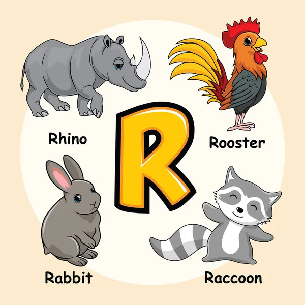 Cute Animals Alphabet Letter Raccoon Rooster Rhinoceros Rabbit Rhino — Stock Vector