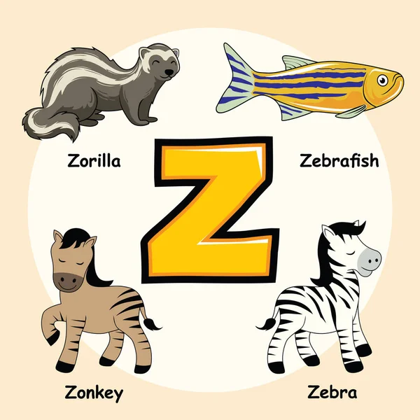 Симпатичные Животные Алфавит Буква Зебра Зорилла Zebrafish Zonkey — стоковый вектор