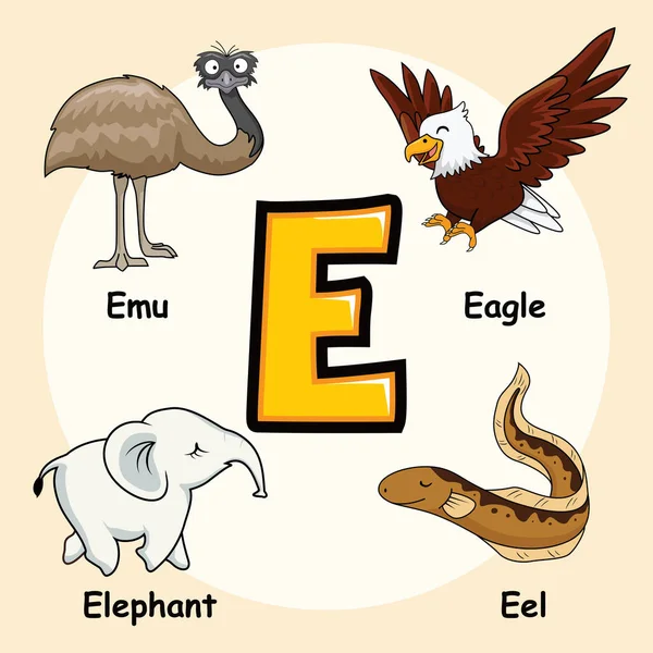 Animales Lindos Alfabeto Letra Para Águila Emu Elefante Anguila — Vector de stock