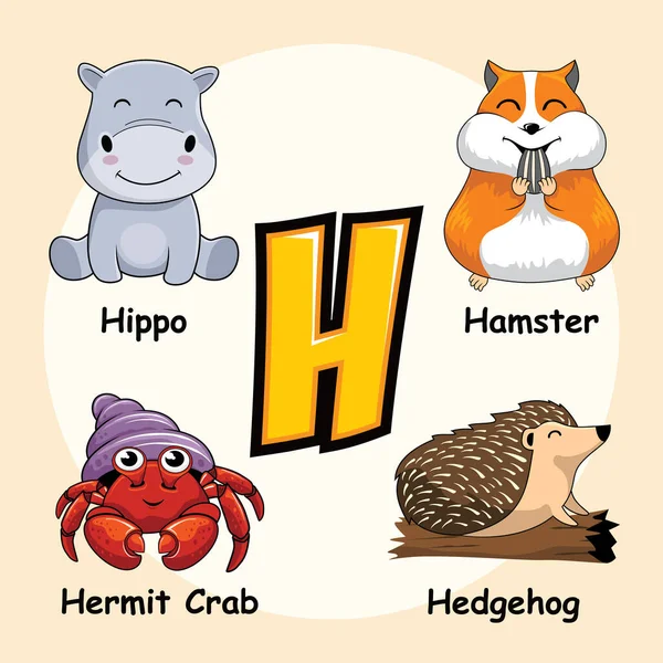 Cute Animals Alphabet Letter Hedgehog Hamster Hippo Hermit Crab Hipphamus — 스톡 벡터