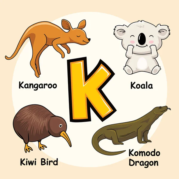 Симпатичные Животные Алфавит Буква Koala Кенгуру Kiwi Птиц Komodo Дракона — стоковый вектор