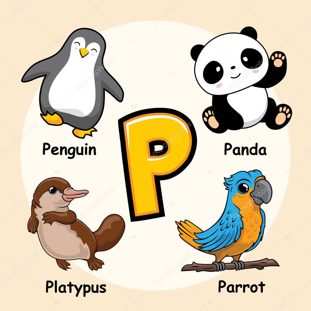 Cute Animals Alphabet Letter P for Penguin Panda Platypus Parrot