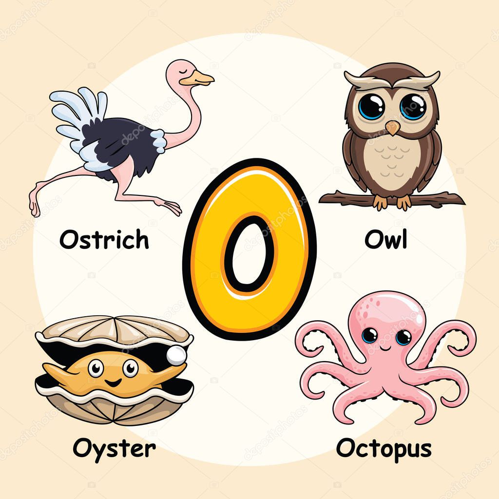 Cute Animals Alphabet Letter O for Owl Octopus Ostrich Oyster