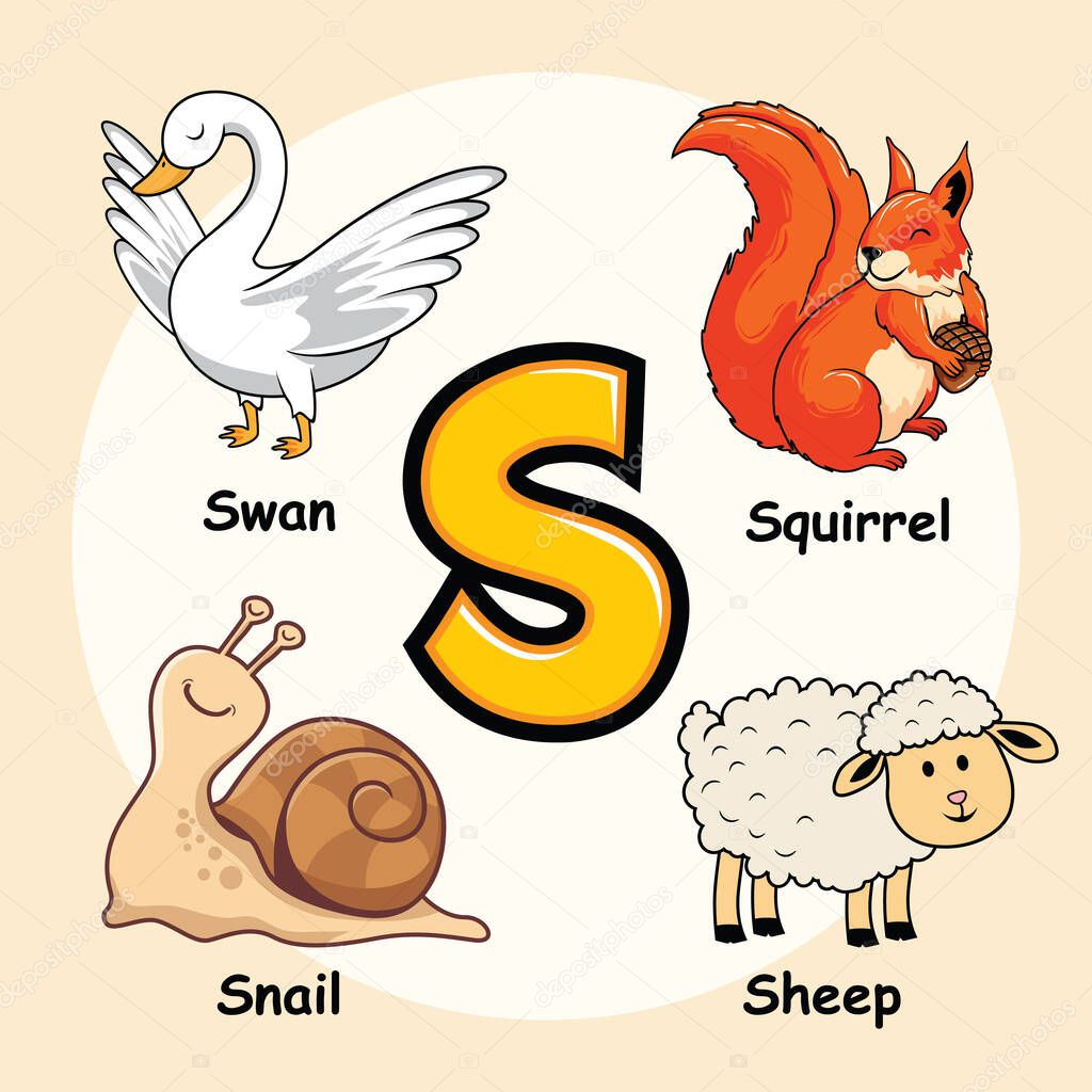 Cute Animals Alphabet Letter S for Squirrel Sheep Swan Snail