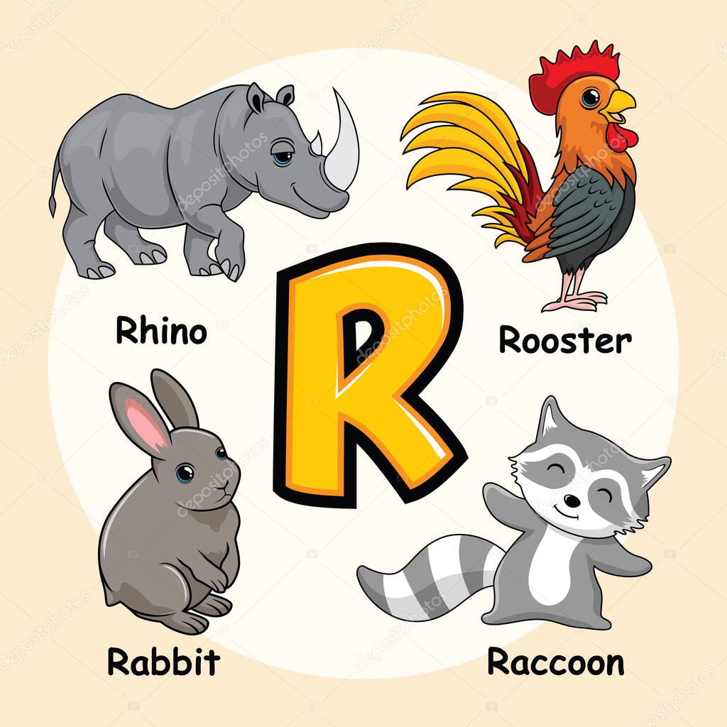 Cute Animals Alphabet Letter R for Raccoon Rooster Rhinoceros Rabbit Rhino