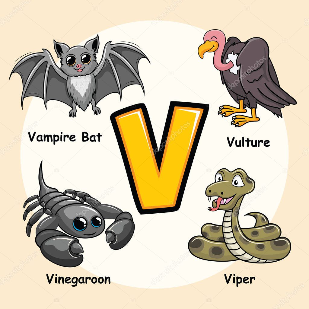 ute Animals Alphabet Letter V for Vulture Viper Vampire Bat Vinegaroon