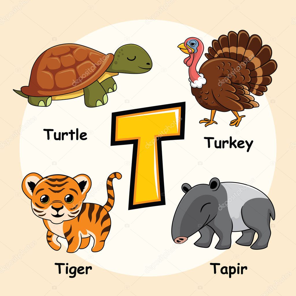Cute Animals Alphabet Letter T for Turtle Tiger Turkey Tapir