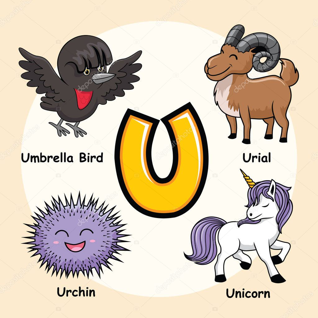 Cute Animals Alphabet Letter U for Unicorn Umbrella Bird Urial Urchin