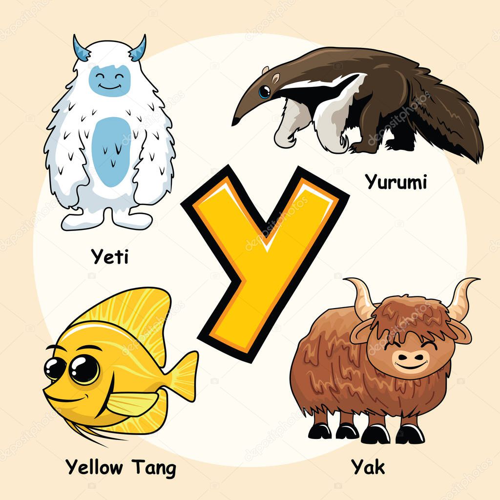 Cute Animals Alphabet Letter Y for Yak Yeti Yuruni Yellow Tang