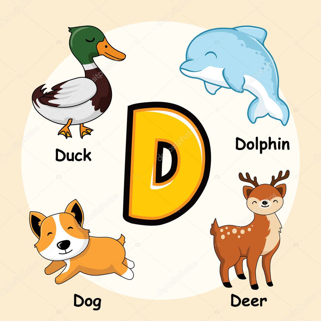 Cute Animals Alphabet Letter D for Duck Dolphin Dog Deer
