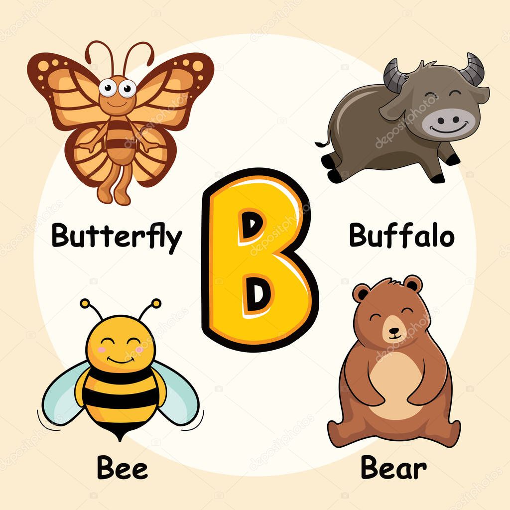 Cute Animals Alphabet Letter B for Butterfly Buffalo Bee Bear
