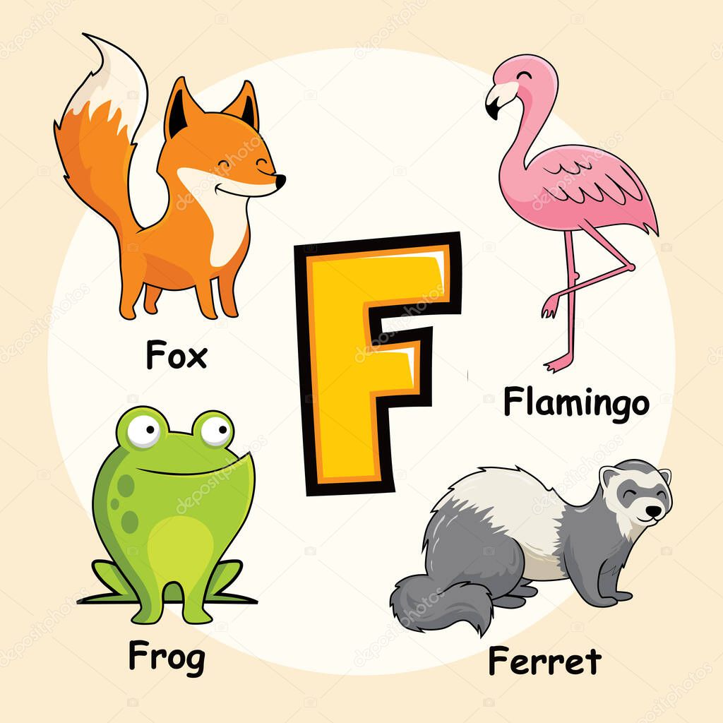 Cute Animals Alphabet Letter F for Fox Flamingo Frog Ferret