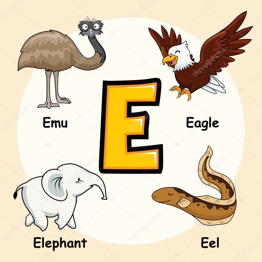 Cute Animals Alphabet Letter E for Eagle Emu Elephant Eel