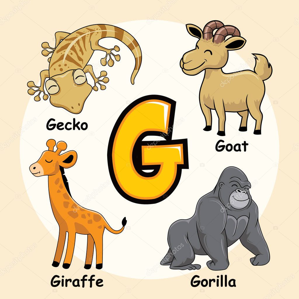 Cute Animals Alphabet Letter G for Giraffe Gorilla Gecko Goat