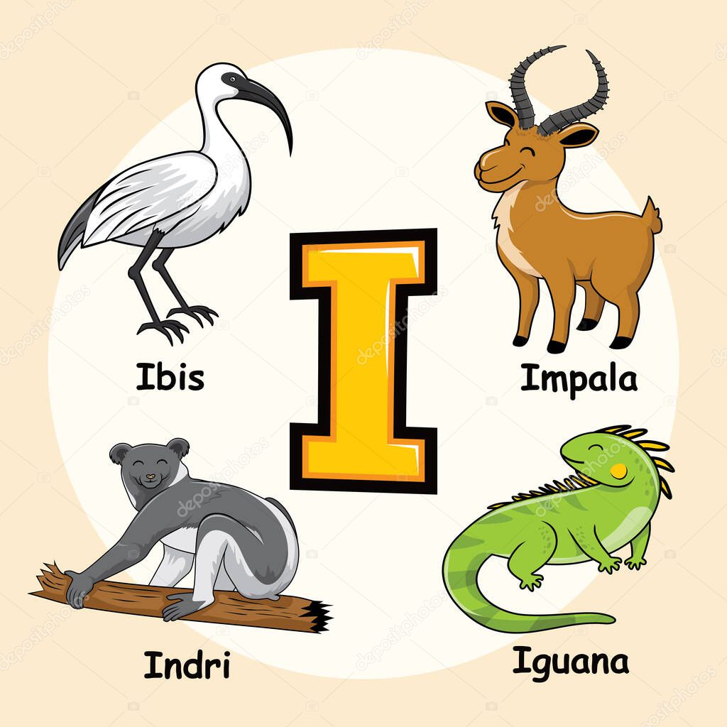 Cute Animals Alphabet Letter I for Iguana Ibis Impala Indri