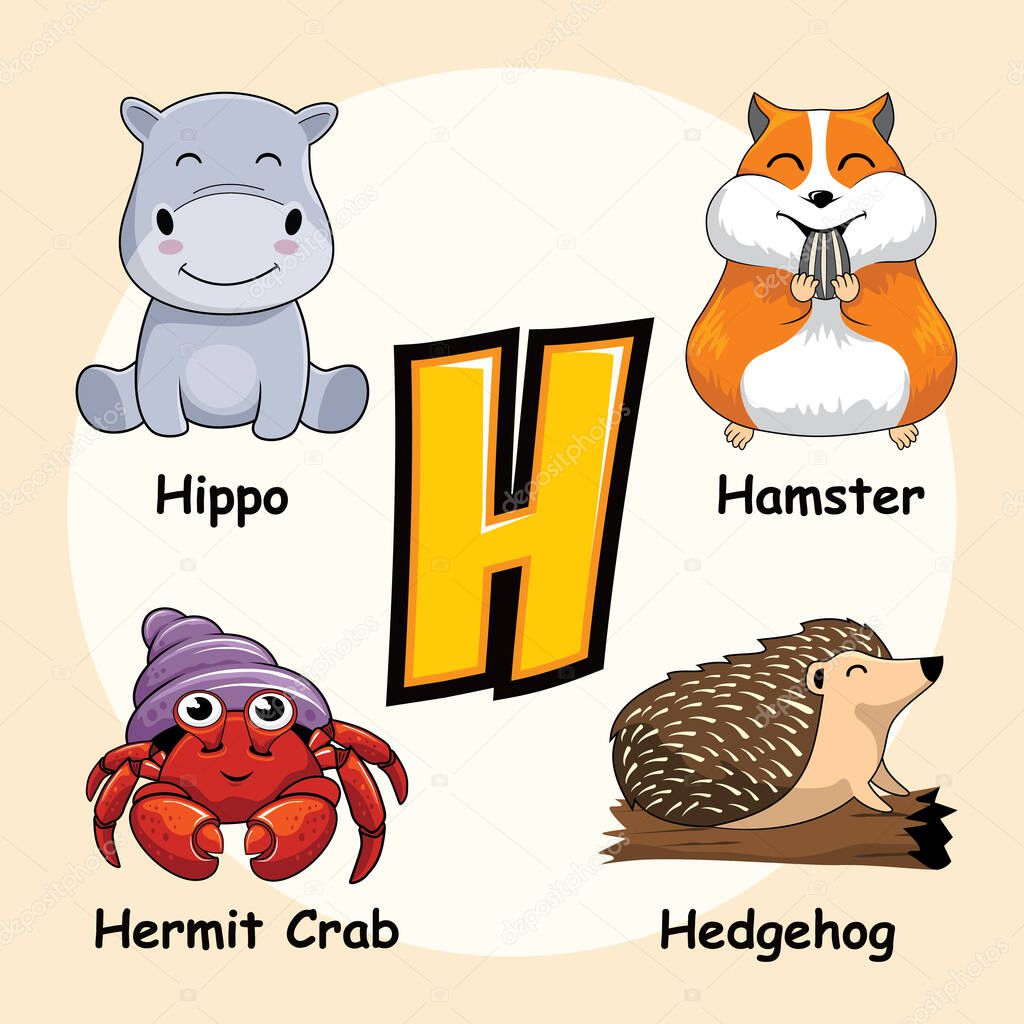 Cute Animals Alphabet Letter H for Hedgehog Hamster Hippo Hermit Crab Hippopotamus