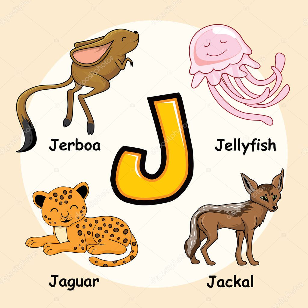 Cute Animals Alphabet Letter J for Jellyfish Jaguar Jackal Jerboa