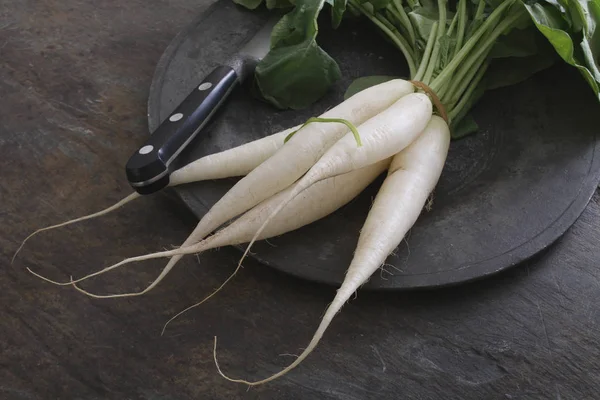 Rábano Daikon Blanco Sobre Plato Negro — Foto de Stock