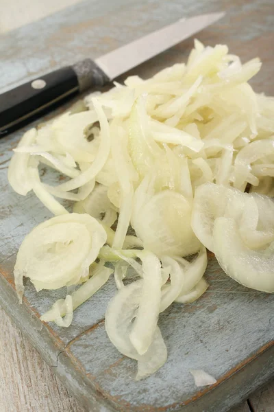 Preparación Cebollas Peladas Sobre Mesa — Foto de Stock