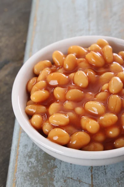 Gebakken Bonen Tomatensaus Witte Schotel — Stockfoto