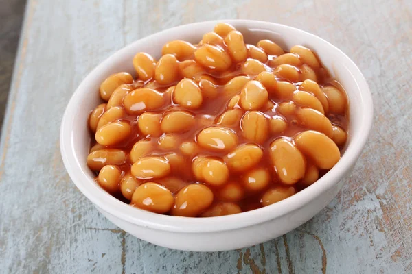 Gebakken Bonen Tomatensaus Witte Schotel — Stockfoto