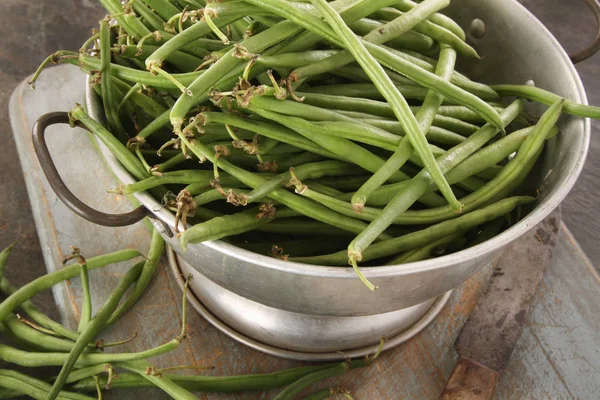 Förbereda Fina Gröna Bönor — Stockfoto