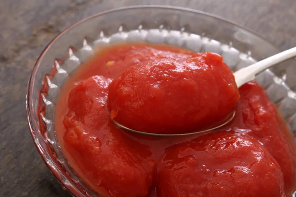 Tomates Prunes Conserve Dans Plat — Photo