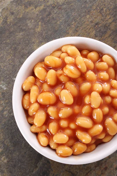 Gebakken Bonen Tomatensaus Witte Schotel — Stockfoto