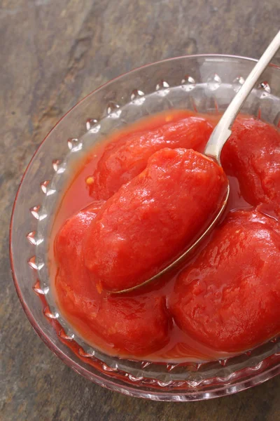 Tomaten Blik Plum Kom — Stockfoto