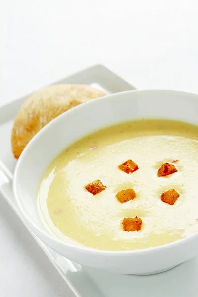 Fresh Spicy Parsnip Soup Dish Bread Roll — Stock Photo, Image