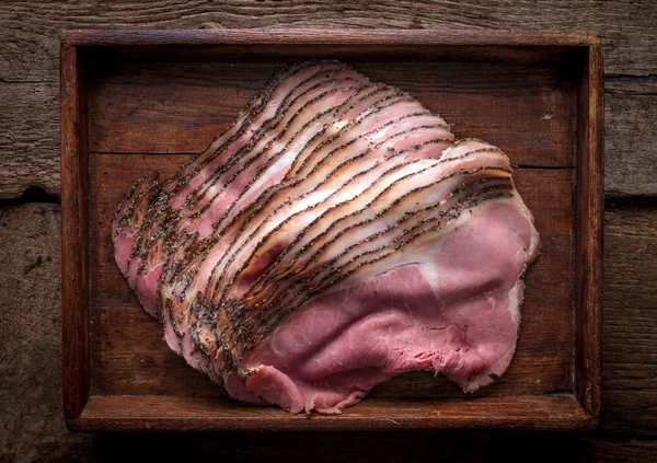 Fresh Sliced Beef Pastrami Wooden Tray — Stock Photo, Image