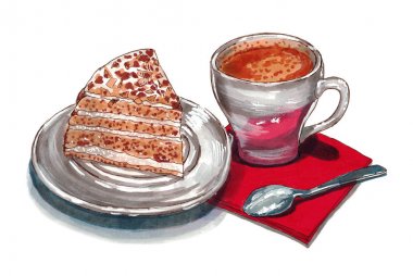 kapuçino bir fincan ve kek bir dilim