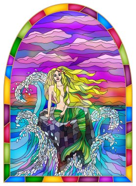 Cartoon stained glass window. Beautiful sad mermaid is sitting on a stone. clipart