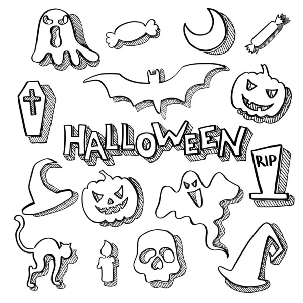 16 vektör halloween elemanları kümesi. Beyaz arka planda yalıtılmış siyah çizimler.