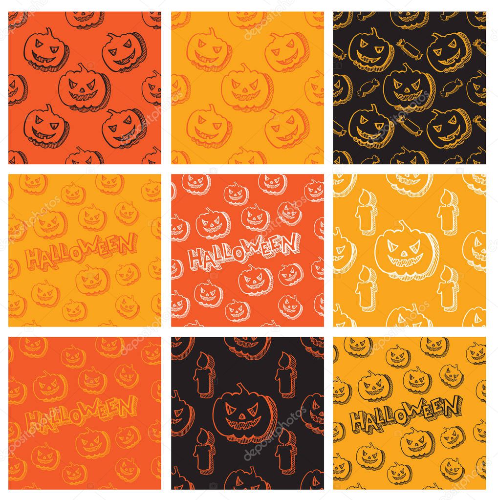 Halloween patterns in the set. Endless textures can be used for wallpaper, patterns, web page, background, surface. vector illustration in orange, yellow, black colors.